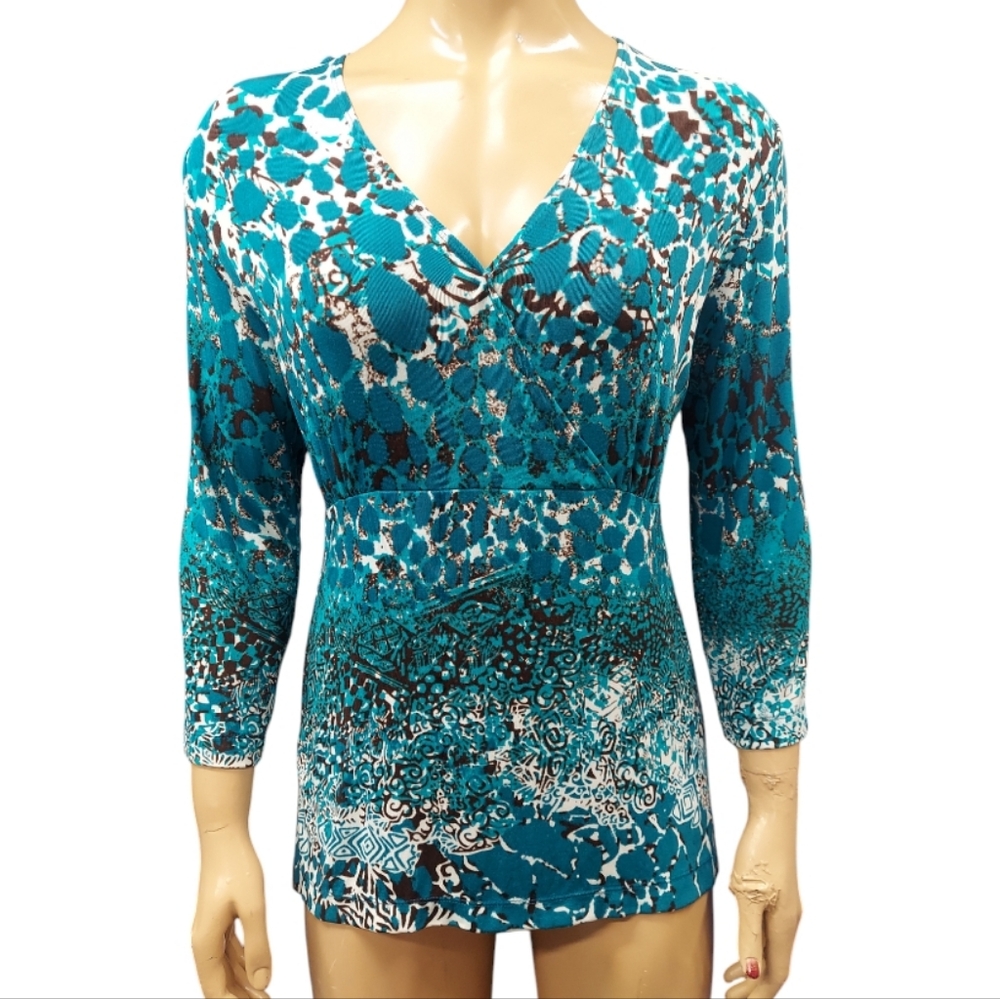 Chicos Travelers Abstract Faux Wrap 3/4 Sleeve Blouse Top